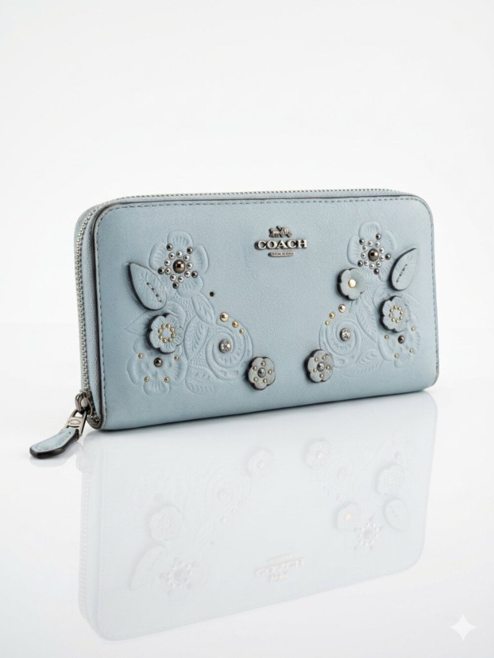 COACH Blue Leather Accordion Zip Wallet in Tea Rose Applique